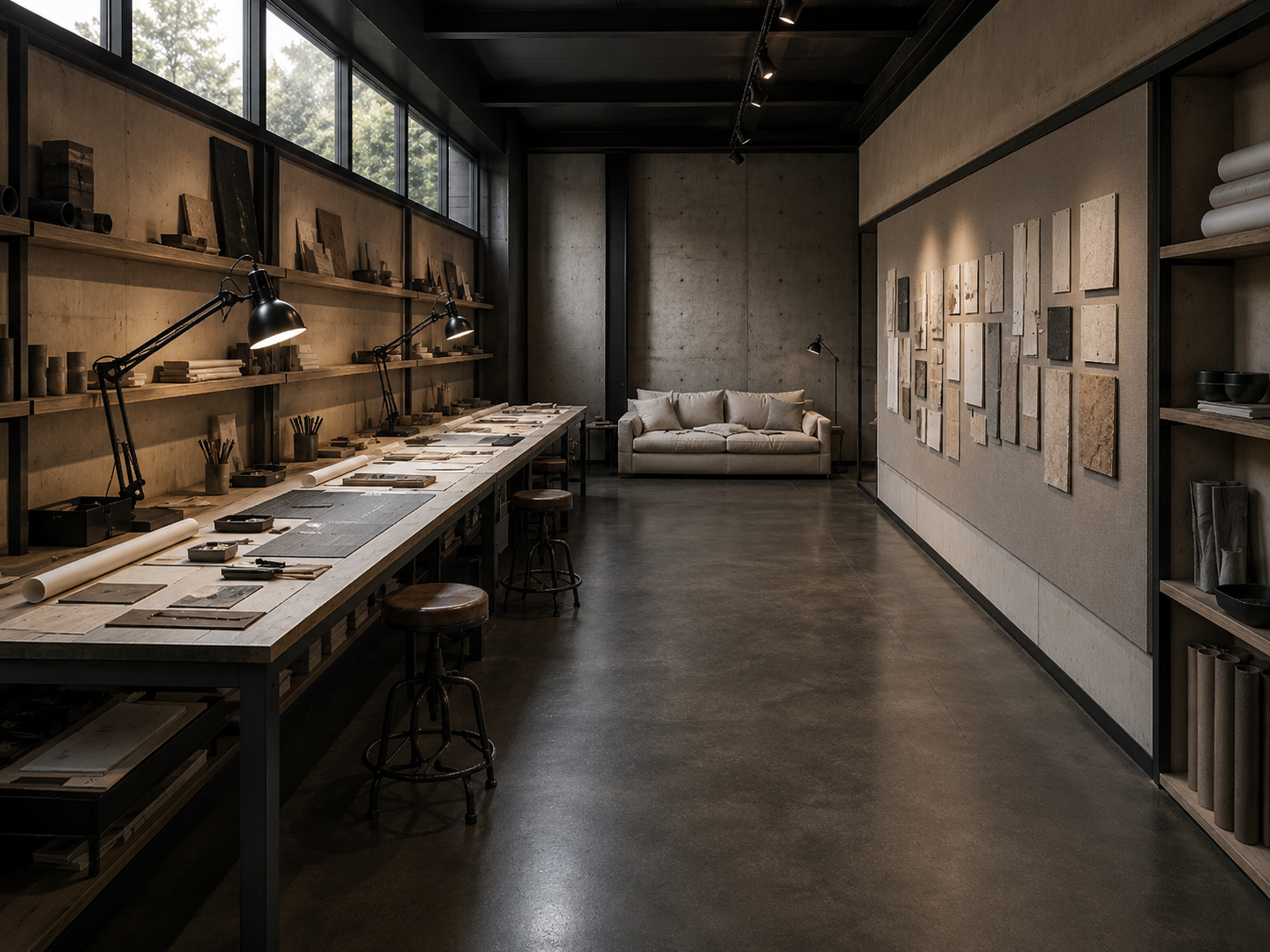 Alpha Atelier — Form directive: One long bench sets the axis; storage is flat to the wall behind it.