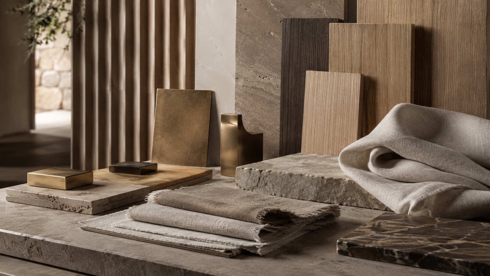 Material macro — brass, travertine, oak veneer and undyed linen under directional light