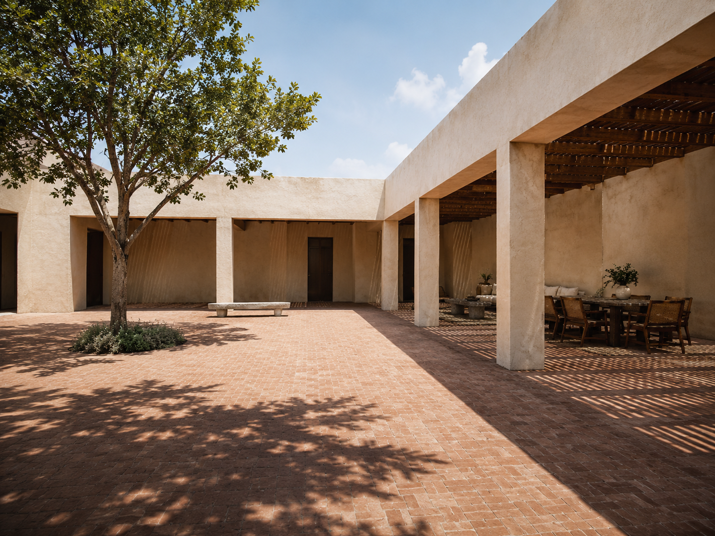 Helios Court — Material directive: Lime render, terracotta, Kota stone, teak. All four improve in strong sun.