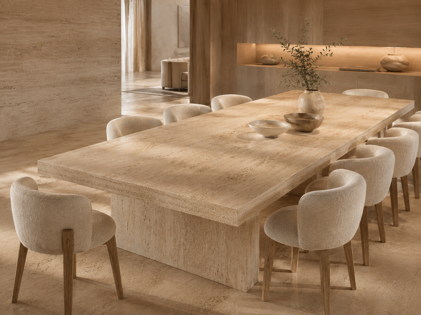 Kage Ma — Form directive: One long slab holds the plan; the seating is soft and low against it.