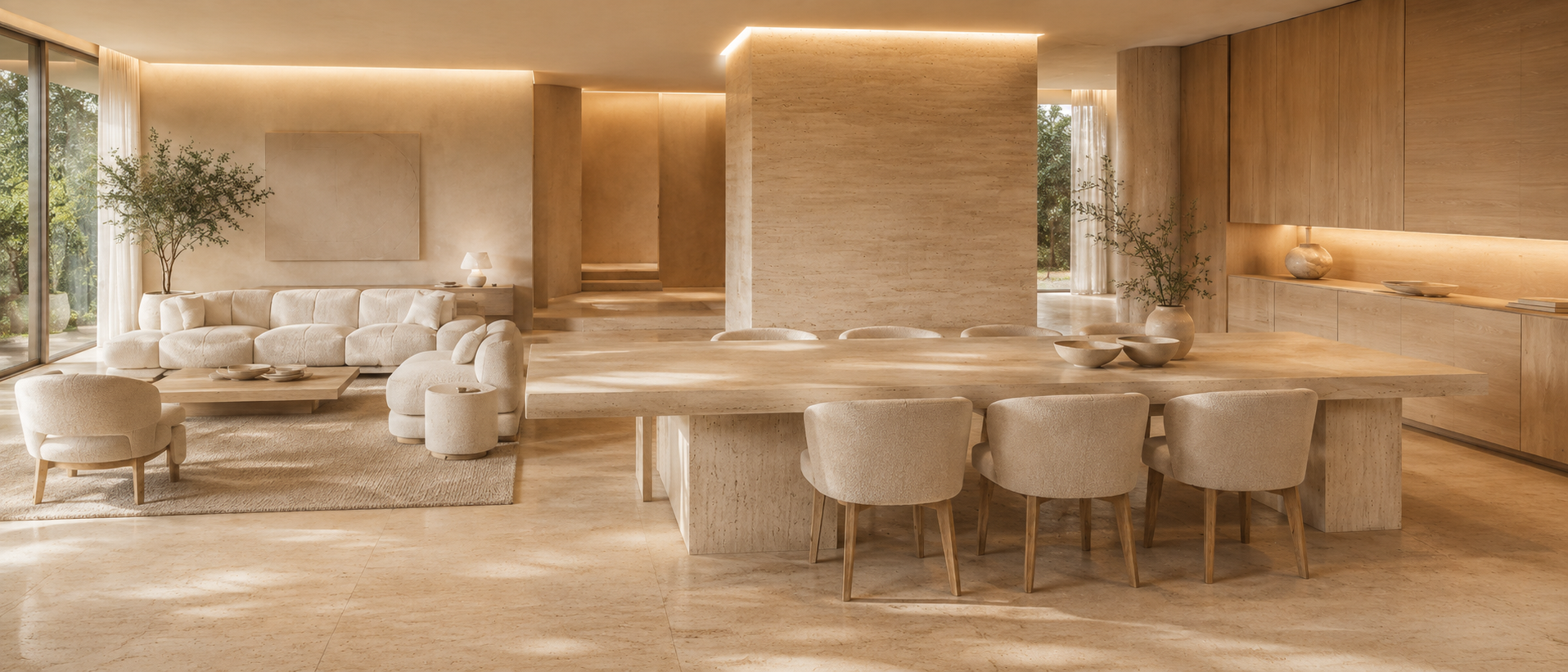 Kage Ma — The floor read in one glance: living, the stone volume, then the long table.