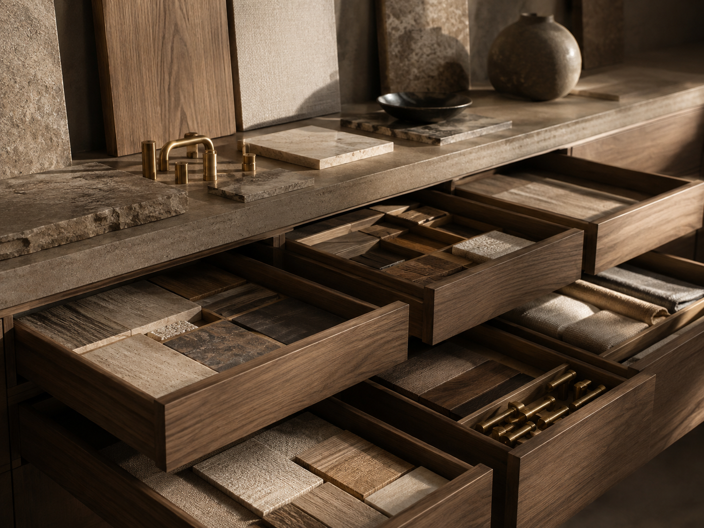 The Wolf Casa material library, sample drawers open under raking light