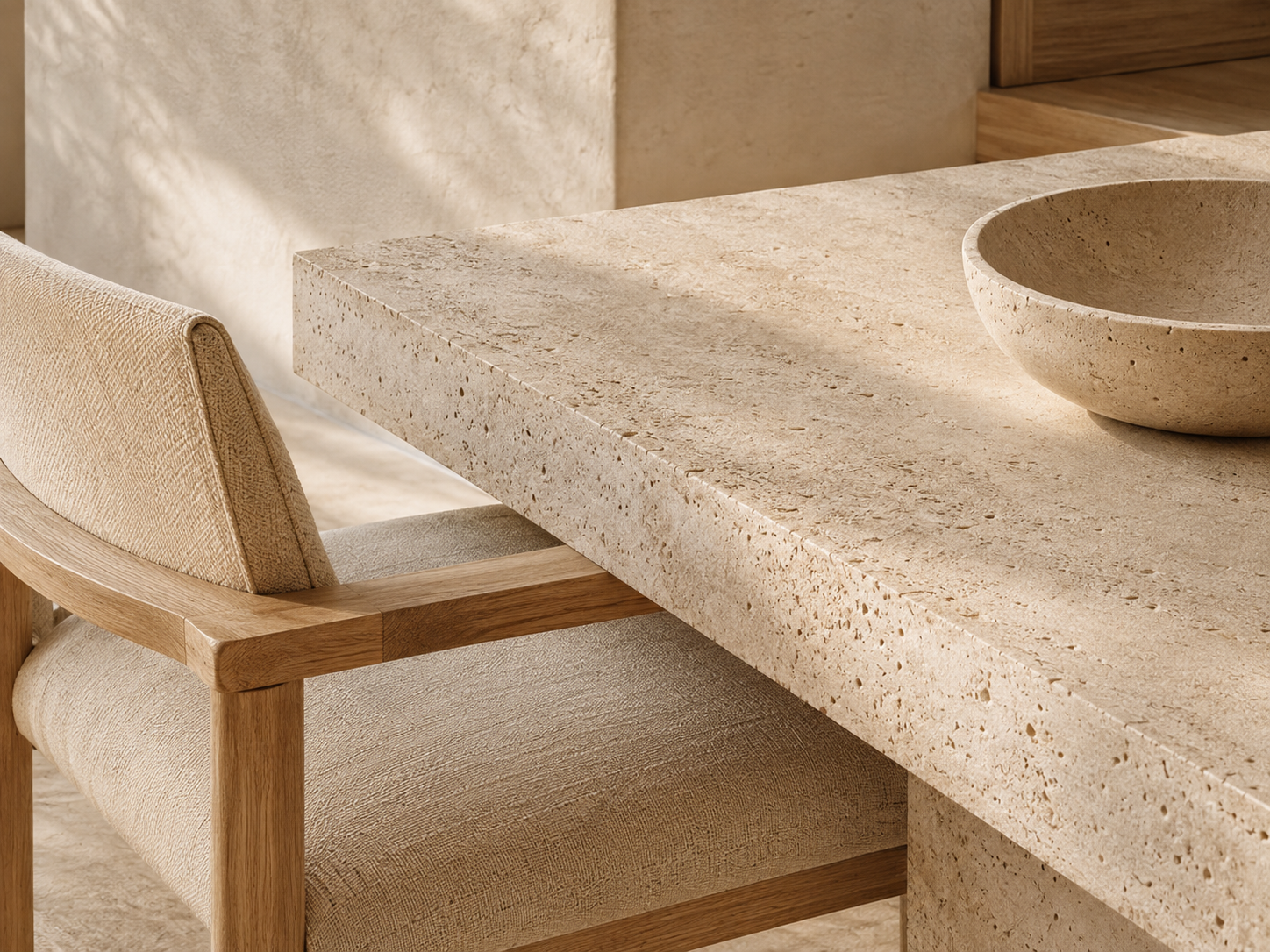 Lumen Path — Material directive: Travertine, undyed linen, pale oak. Nothing with sheen.