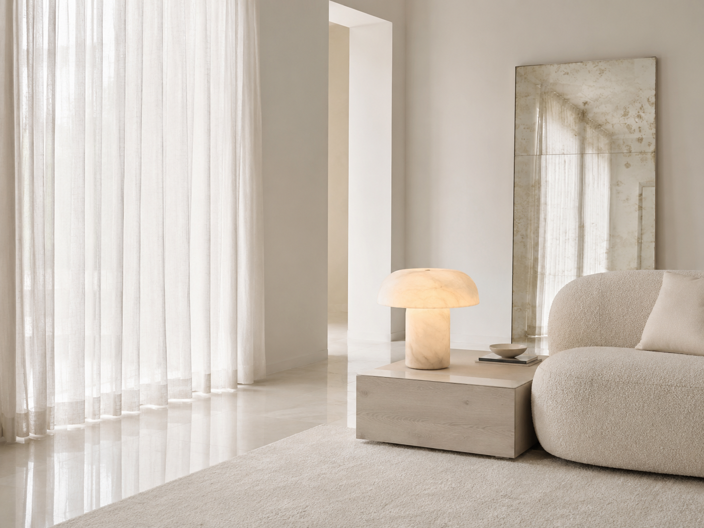Luce Prowl — Material directive: Pale plaster, mirror-polished stone, sheer linen. Surfaces that report the hour.