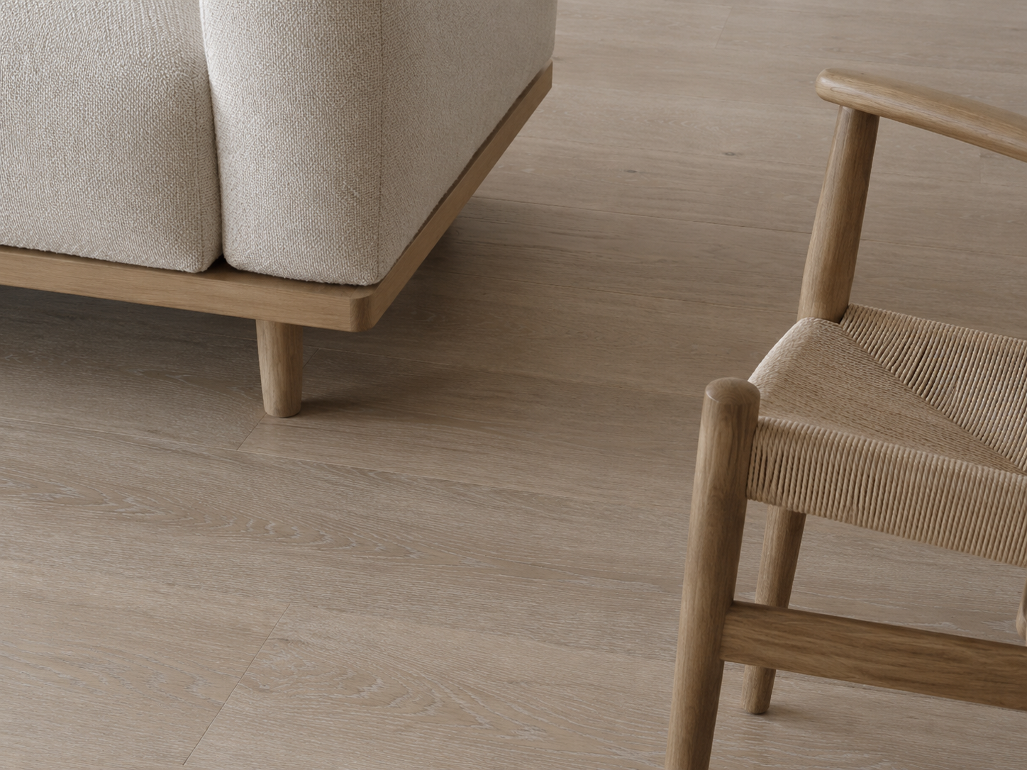 Nordhavn — Material directive: Pale oak, lime wash, undyed wool, paper cord. Four materials, no fifth.