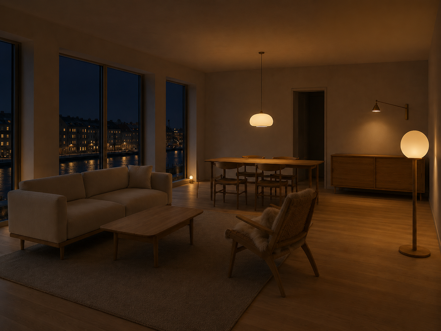 Nordhavn — Furniture directive: One sheepskin, one brass lamp, no objects.