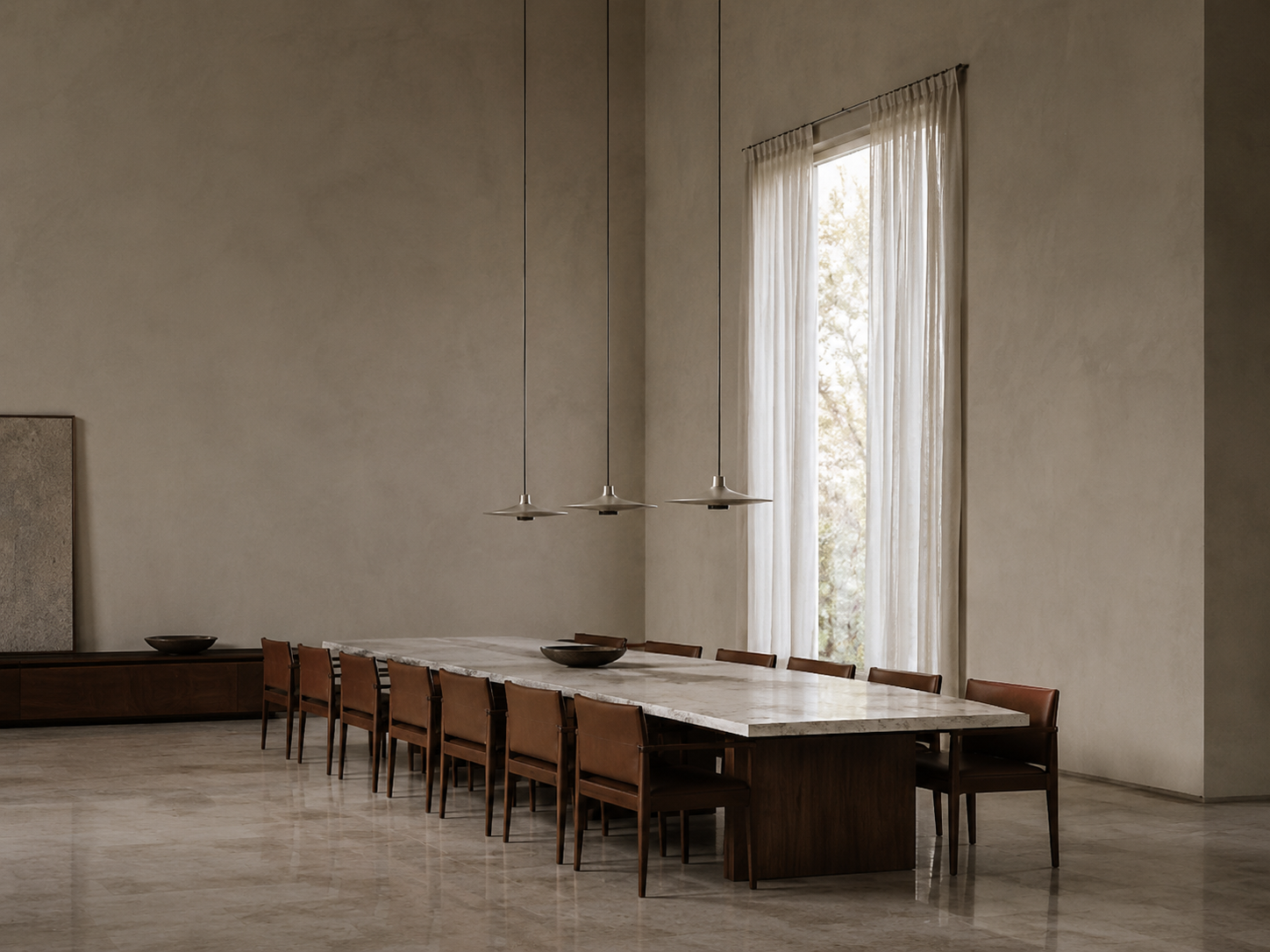 Palazzo Moderno — Tavola, under the pendant run; three pendants, dimmed low
