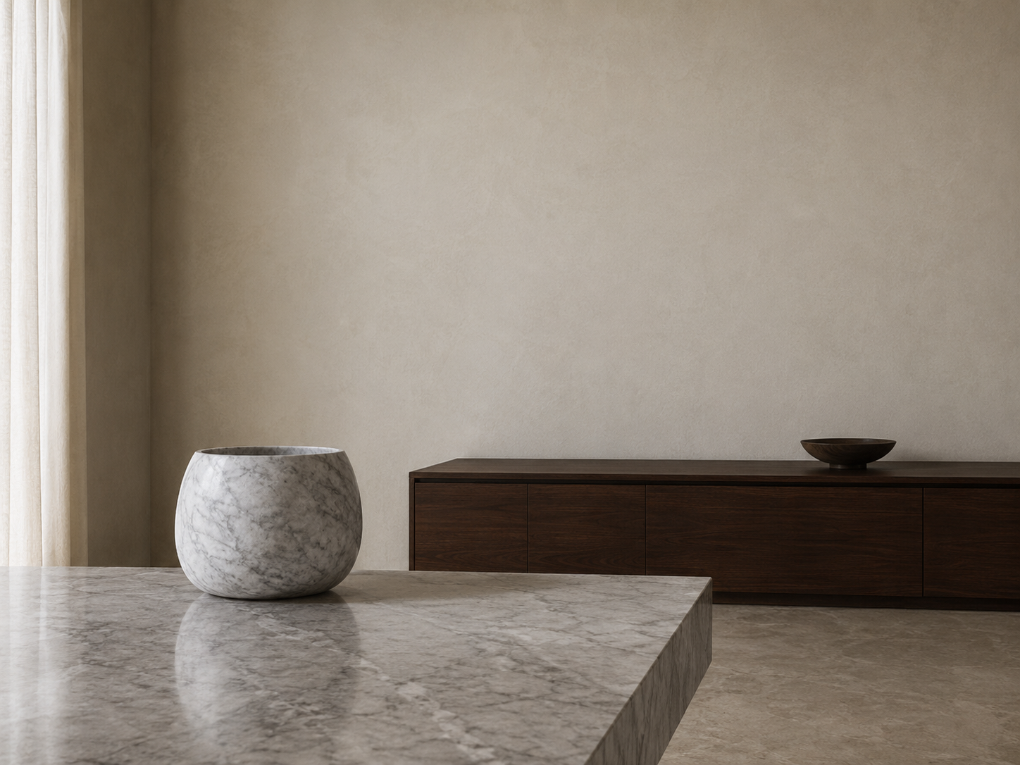Palazzo Moderno — Material directive: Pale lime plaster, grey-veined marble, one walnut. Three surfaces, no more.