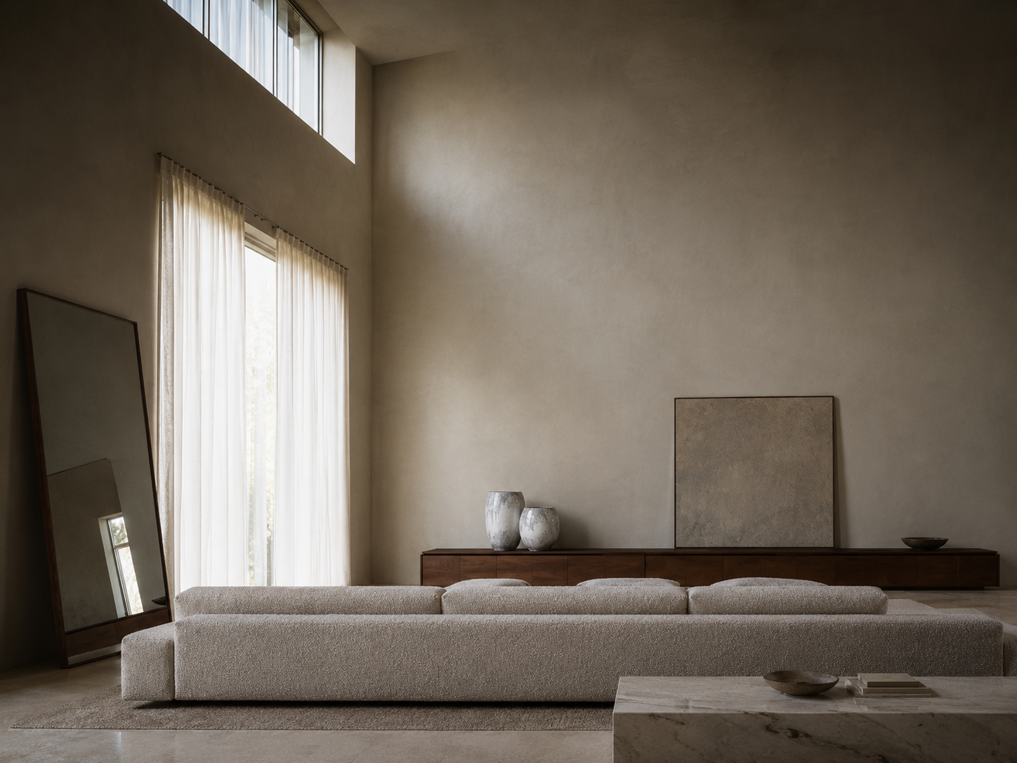 Palazzo Moderno — Salone, the long room; two tall windows, sheer linen