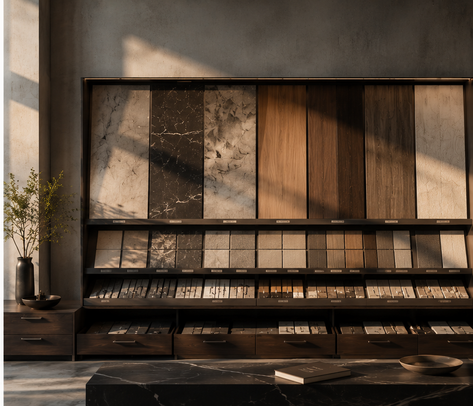 The sample wall — stone, marble and timber boards over drawers of chips