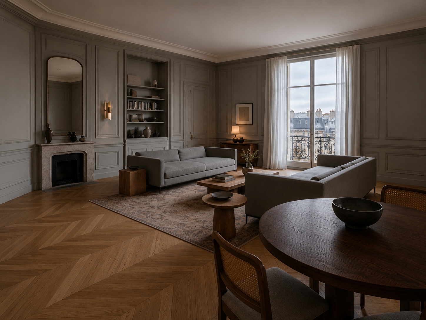 Rive Gauche — Furniture directive: Grey wool, cane and oak. One faded rug carries the age.