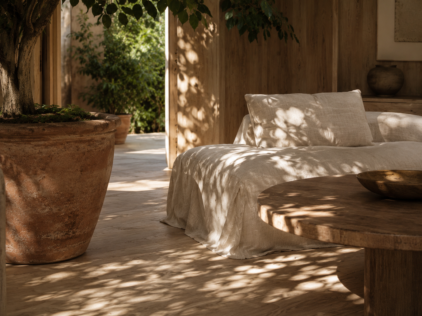 Silva Verde — Furniture directive: Undyed linen and paper cord. Loose covers, because leaves drop.
