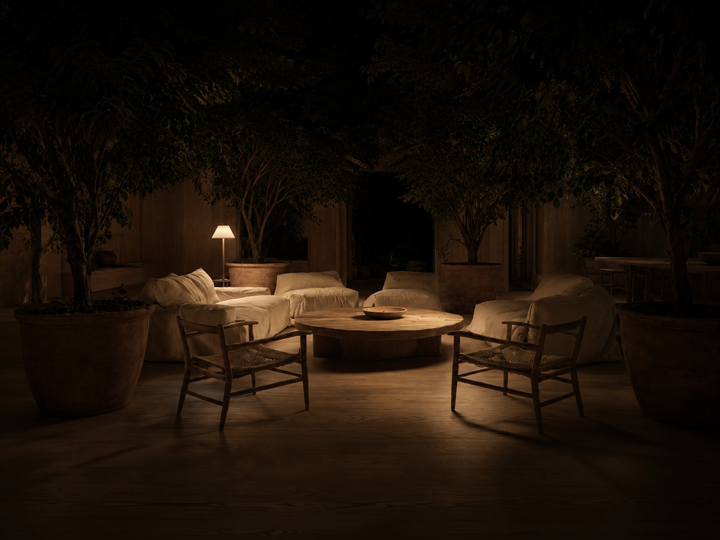 Silva Verde — Light directive: Daylight filtered through leaves. One lamp for after dark, nothing more.