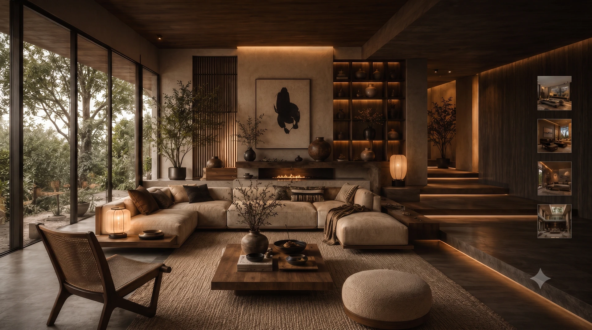A warm Wolf Casa living room composed with timber, stone, art, planting and sculptural furniture