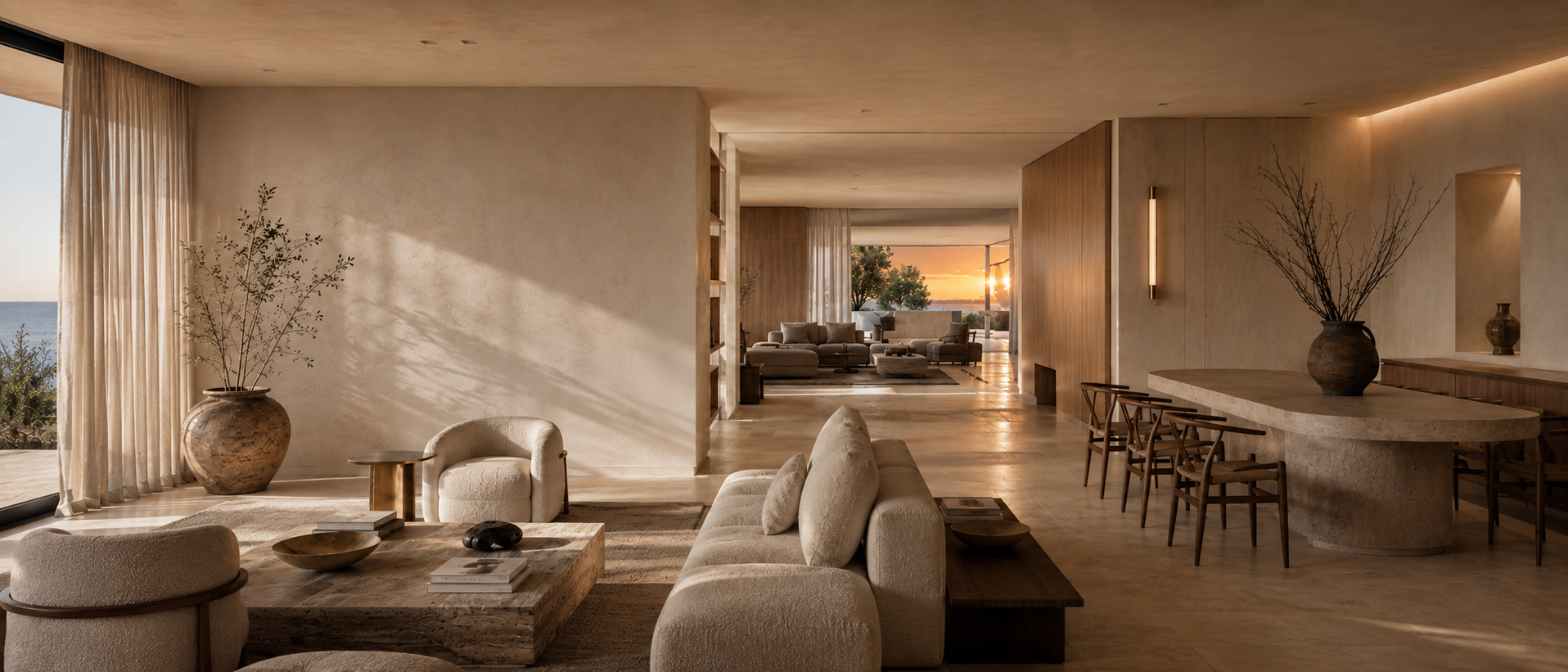 The room is the product — a Wolf Casa composition at last light, the sun setting down the full axis