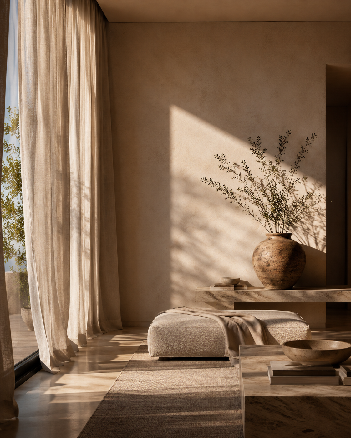 Light arriving through linen sheers and the shadow it throws across plaster, before any furniture is chosen