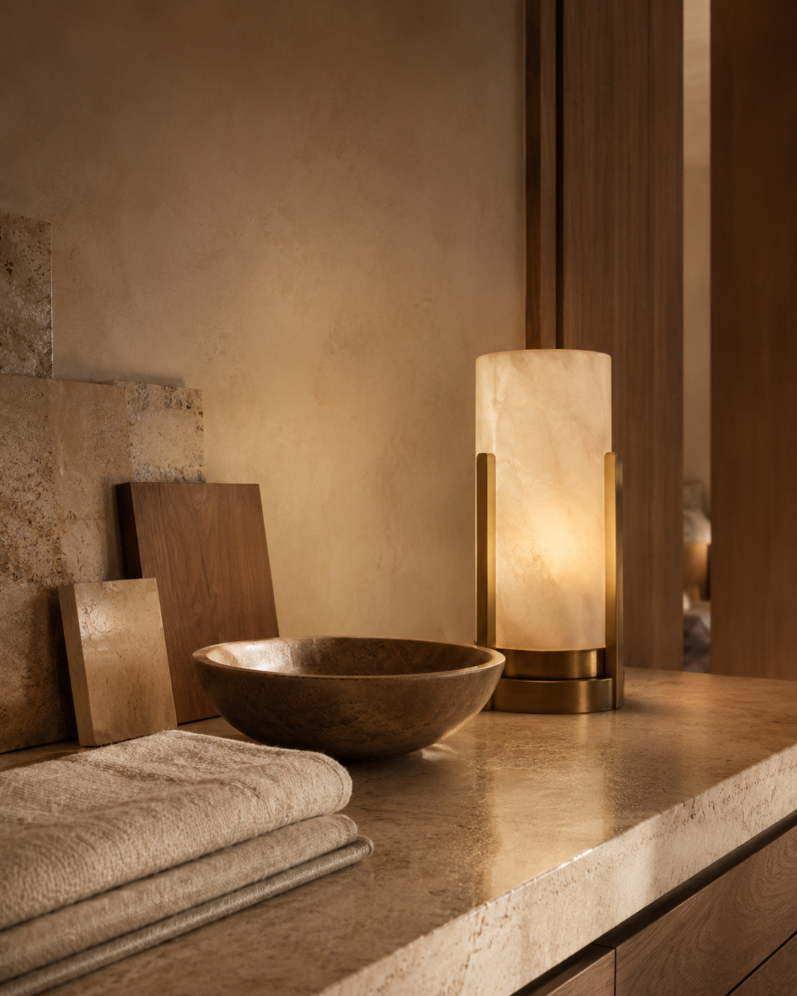 An alabaster and brass lamp beside a travertine bowl and folded linen on a stone counter